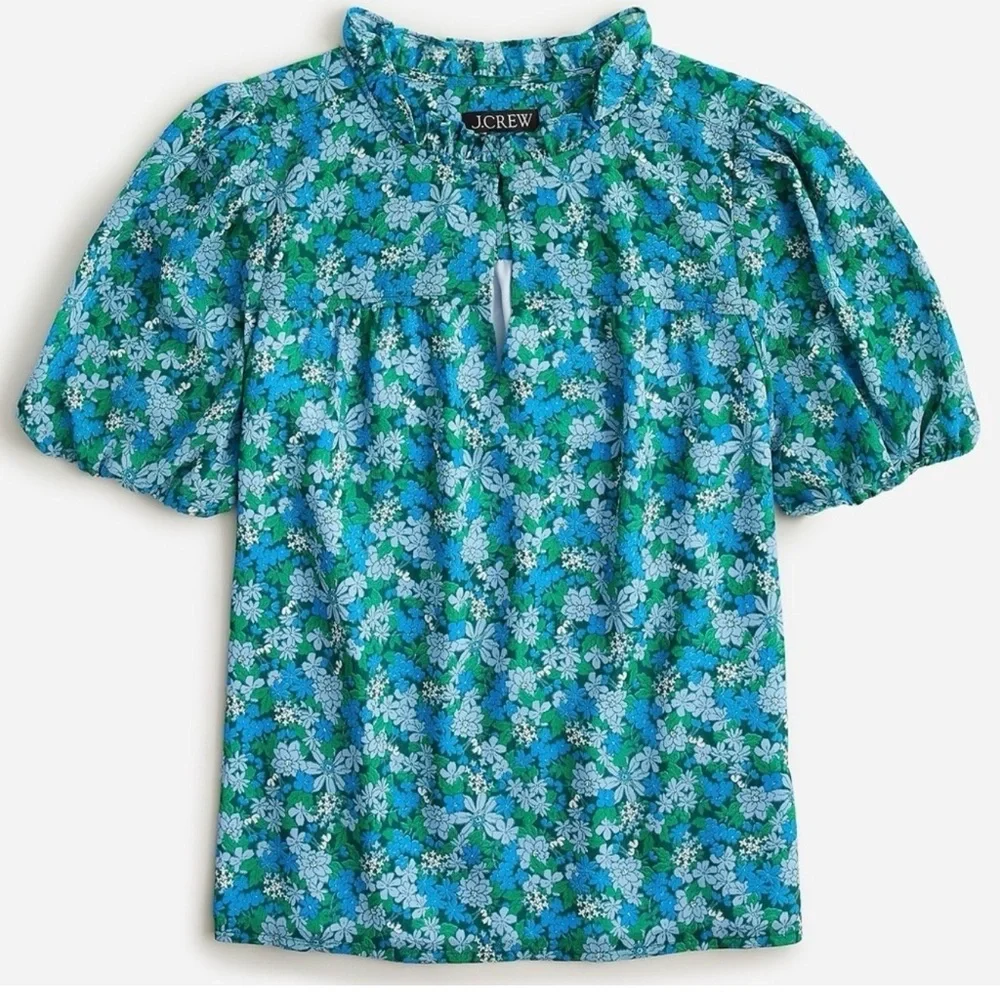 J. Crew Blue Green Floral Puff-Sleeve Blouse